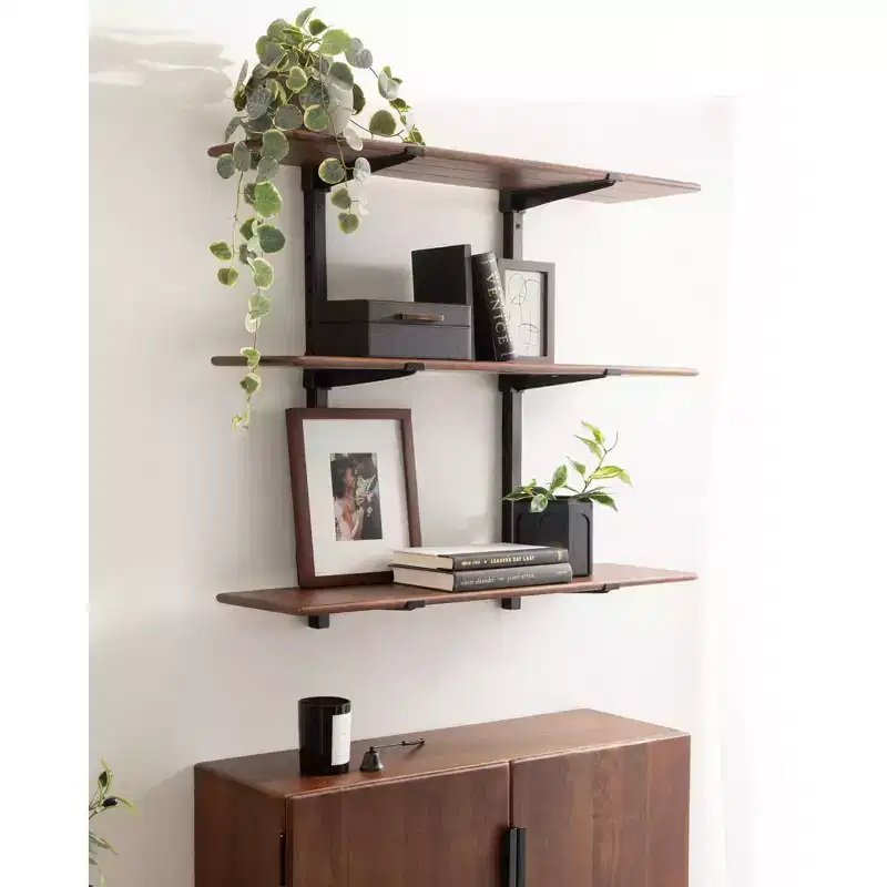Kate and Laurel Atwood Wall Shelf, Black and Walnut Brown, 32x10x30