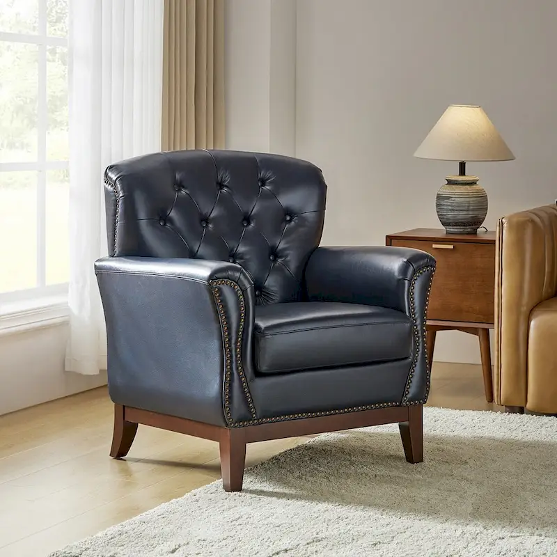 Traditional Genuine Leather Accent Chair with Tufted Wing Back