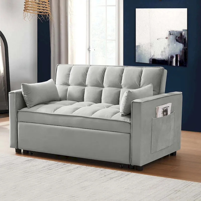 Convertible Sleeper Loveseat, 3-Position Backrest, Velvet, Foam, Side Pockets, USB, Seats 2/Twin Bed, Blue/Black/Grey