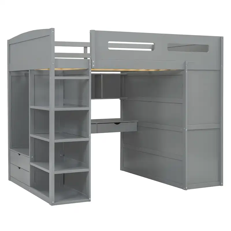 Loft Bed with Desk, Wardrobes, 4 Drawers and 4 Shelves