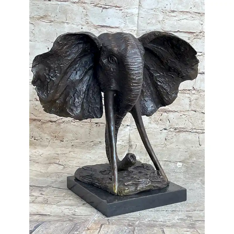 Imitative Elephant Head Bronze Metal Bust Statue Sculpture Figure Decor Signed Original Art Marble Base