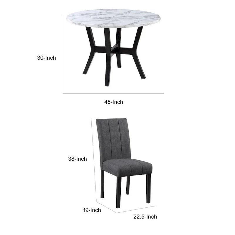5 Piece Dining Table and Chairs Set, Black Wood, Fabric, Faux Stone Top