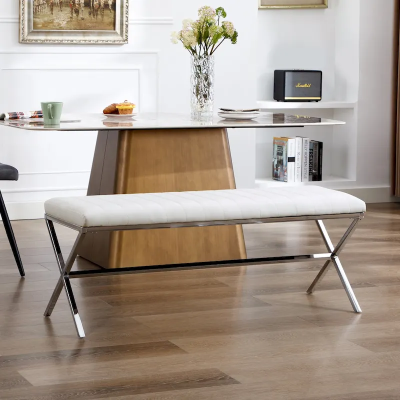 Tufted Faux Leather 46.5 Length Upholstered Dining Bench with Metal X Legs