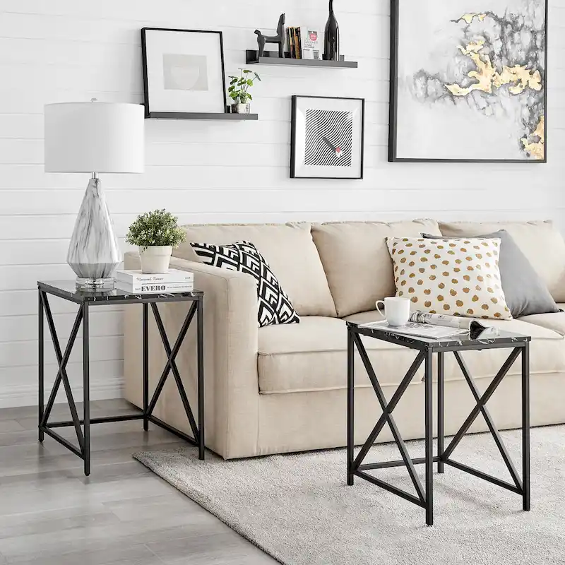 Modern Square Marble Finish Veneer Top Black Metal Frame Nesting End Tables - Set of 2