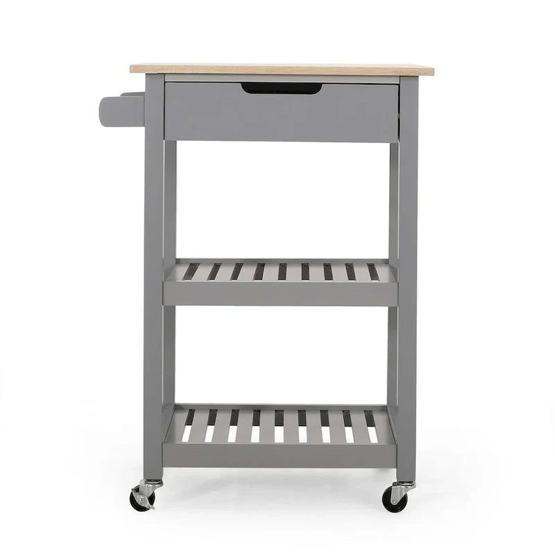 Compact Wooden Kitchen Cart with Wheels Shelves and Drawer
