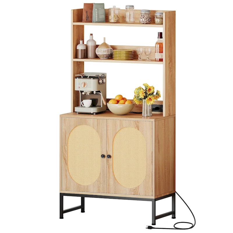 Moasis 2-Door Rattan Cabinet Baker's Rack with Power Outlets and USB Ports