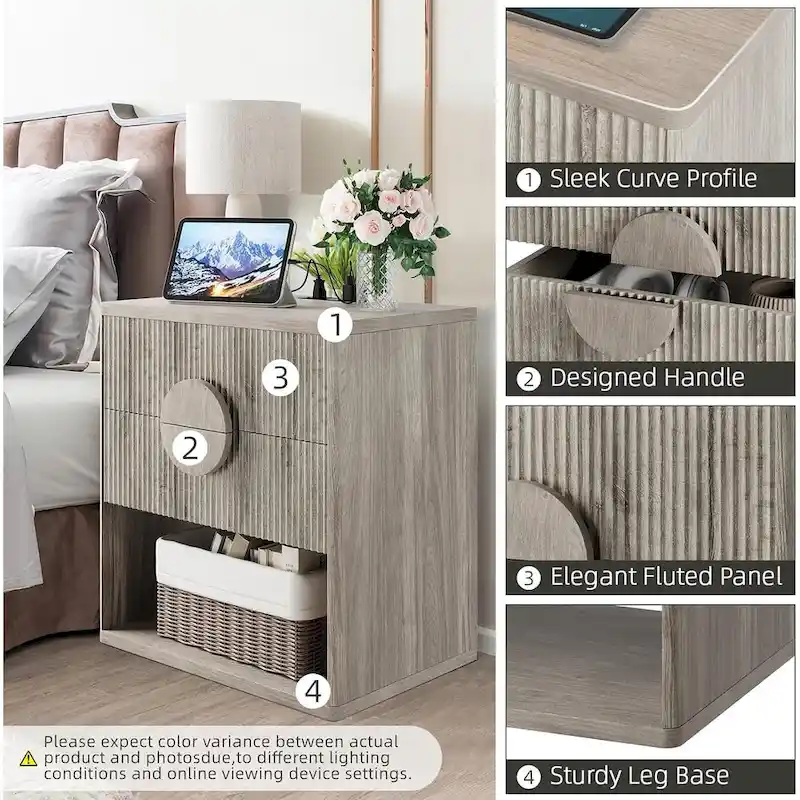 Nightstand Wide Fluted Nightstand with Charging Station