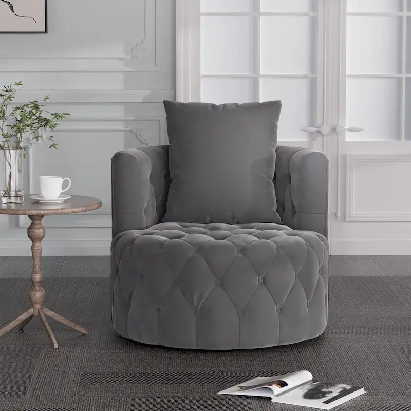 360 Degree Swivel Armchair, Modern Velvet Barrel Chair with one pillow, Oversized Round Accent Chair by Morden Fort