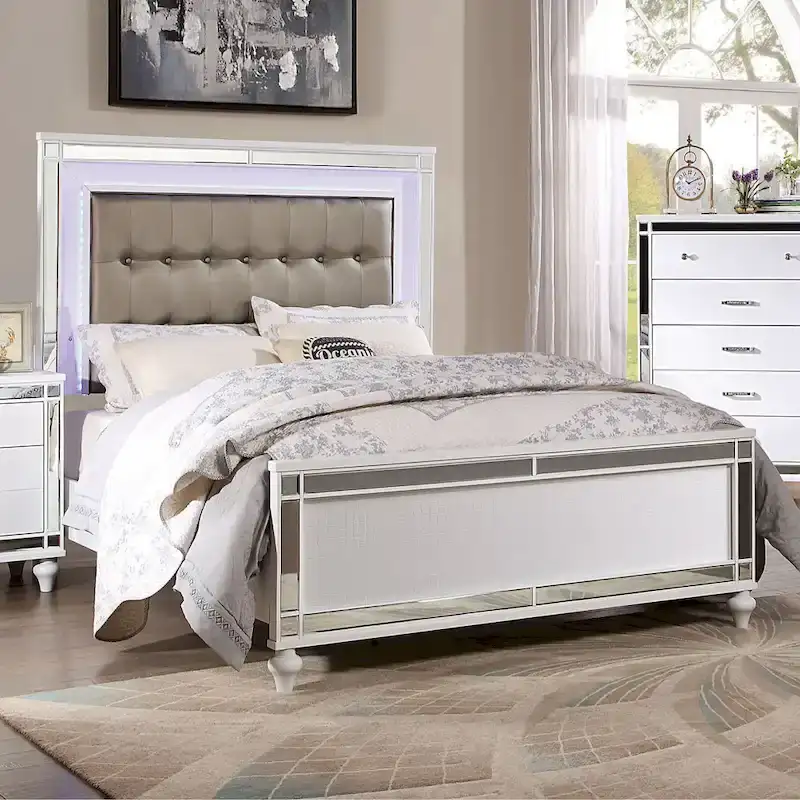 Derc Modern Solid Wood Upholstered Tufted Panel Bed with LED by Furniture of America