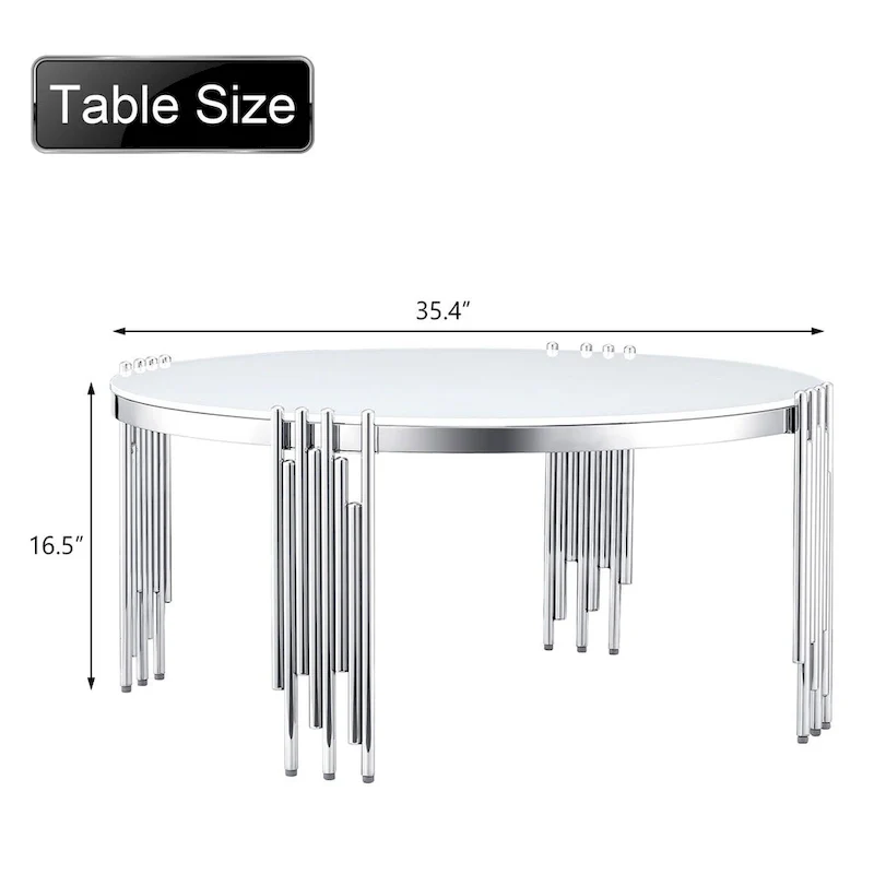 Modern 36 Round Coffee Table with Tempered Glass Top and Polished Chime-Shaped Legs