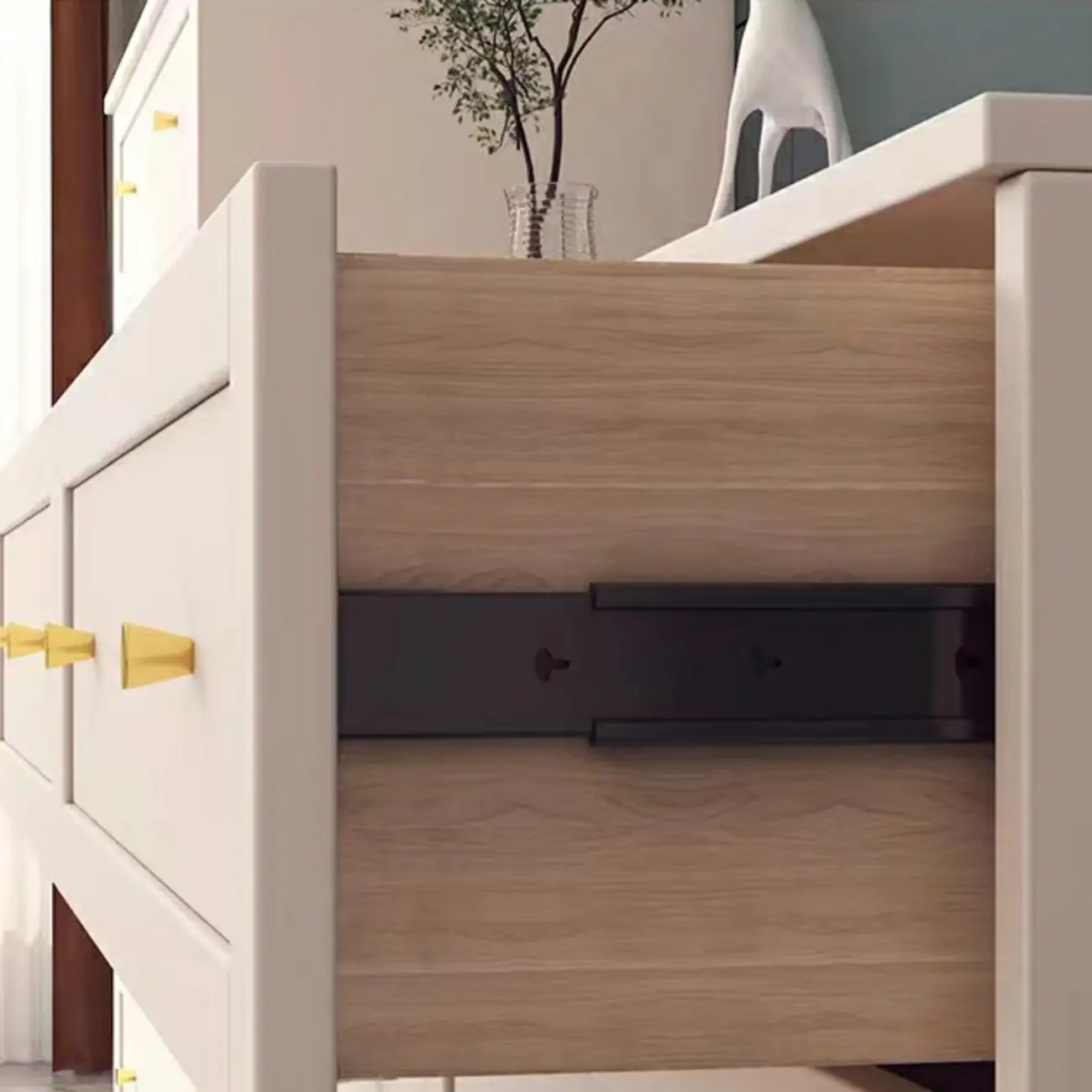 White Wooden Sideboard with 3 Drawers and Cabinets