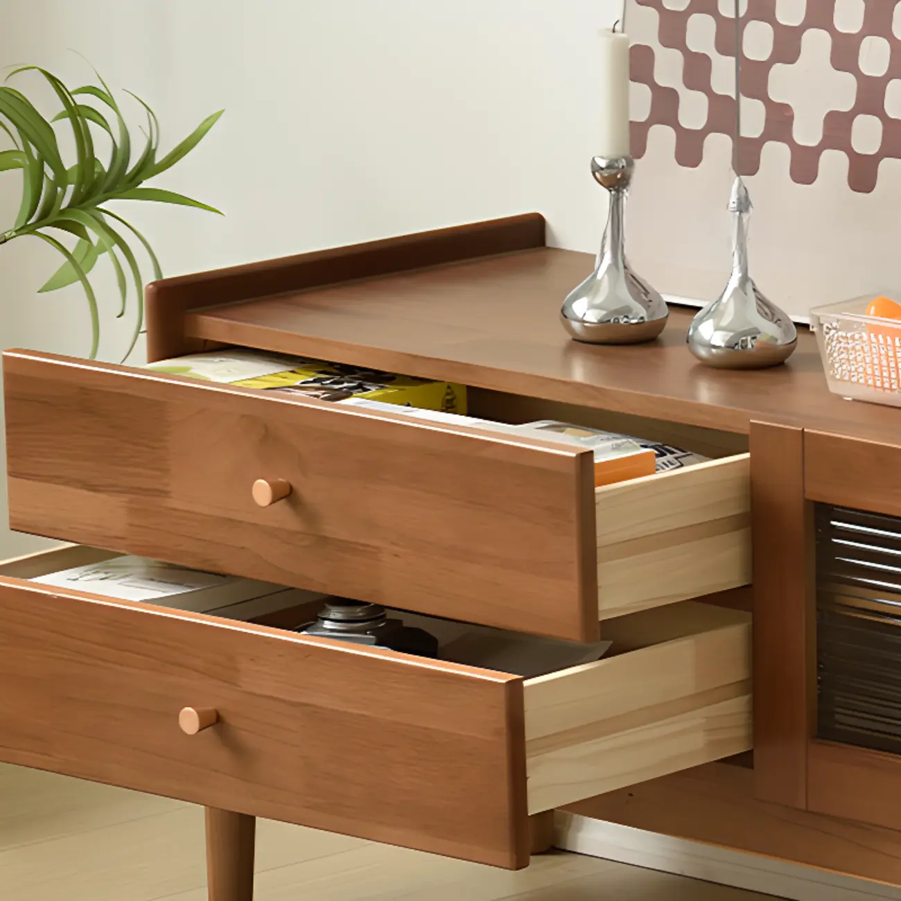 87 Living Room Walnut Wood TV Stand with Adjustable Shelves