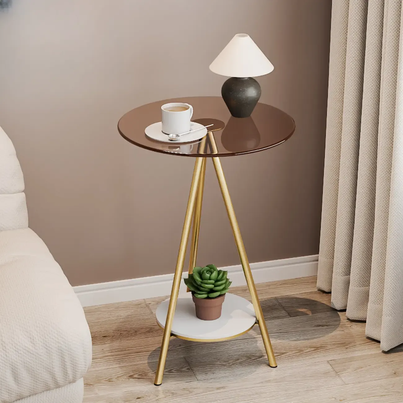 Glam Round Glass Storage End Table with Metal Legs