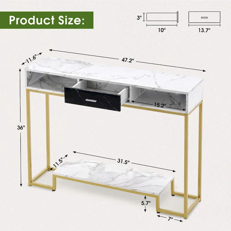 MCombo Console Table with Drawers, Marble and Gold Legs