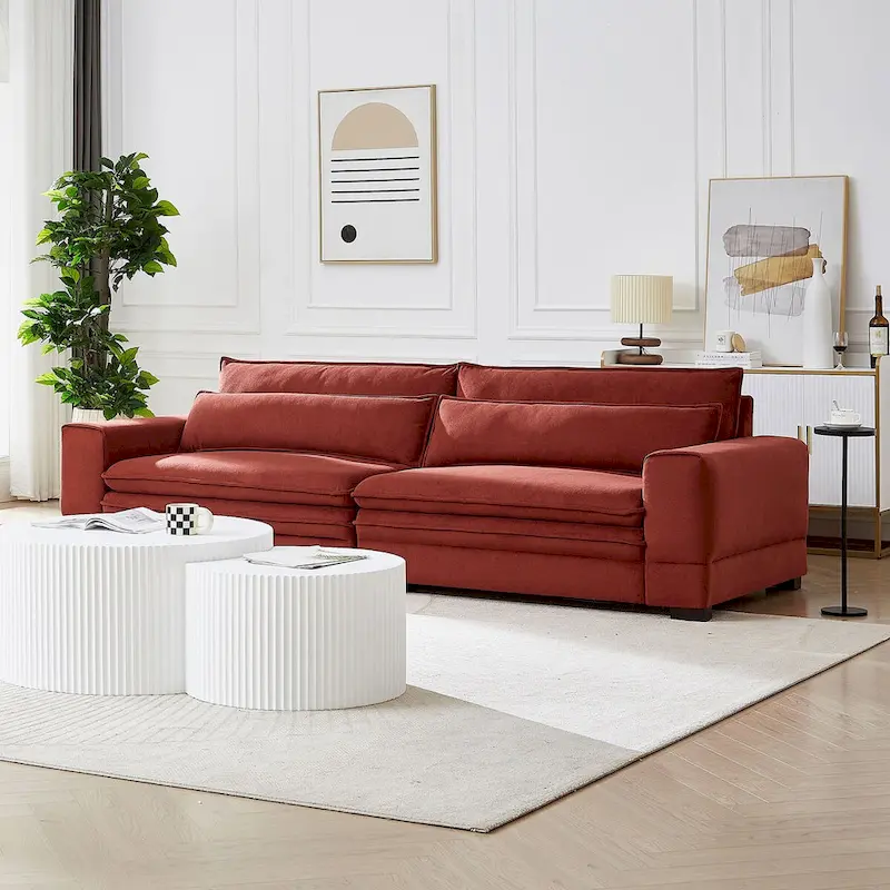 104 in Mid-Century Modern Fabric Sofa, Upholstered Sofa Couch with 2 Pillows, Solid Wood Legs