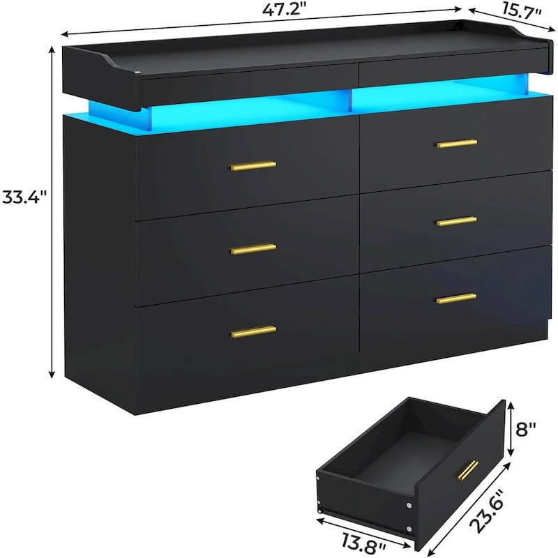 6 Drawer Dresser 2 Pull-Out Tray LED Light Chest of Drawers
