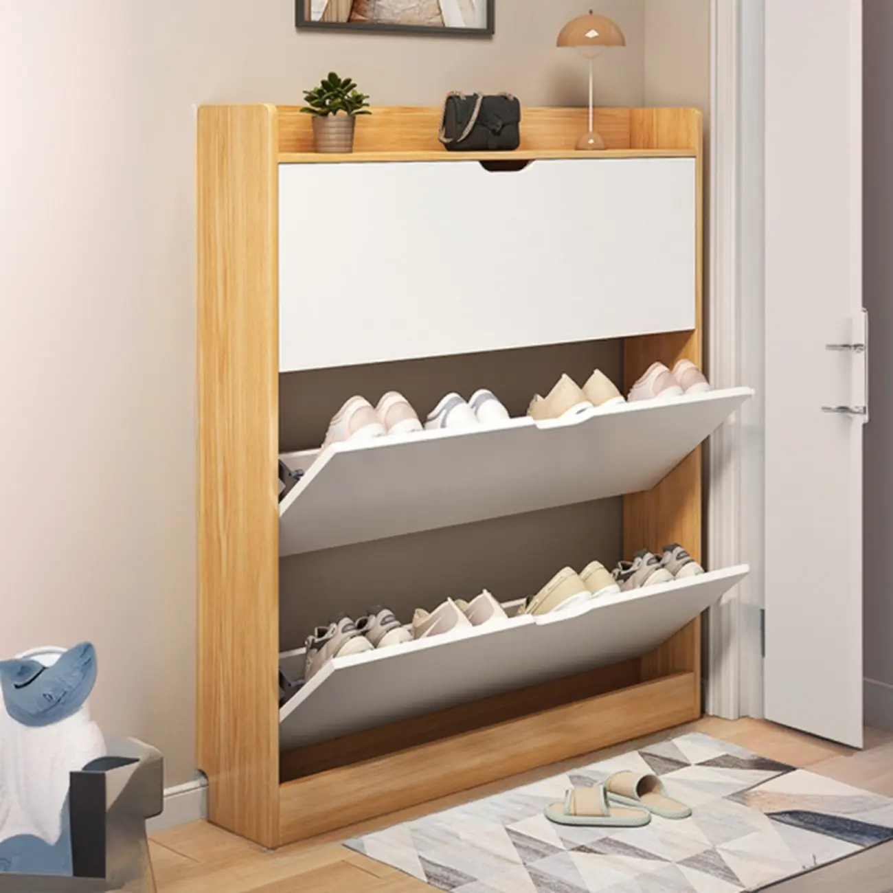 Entryway Modern Wood Shoe Cabinet with Flip-Out Drawer