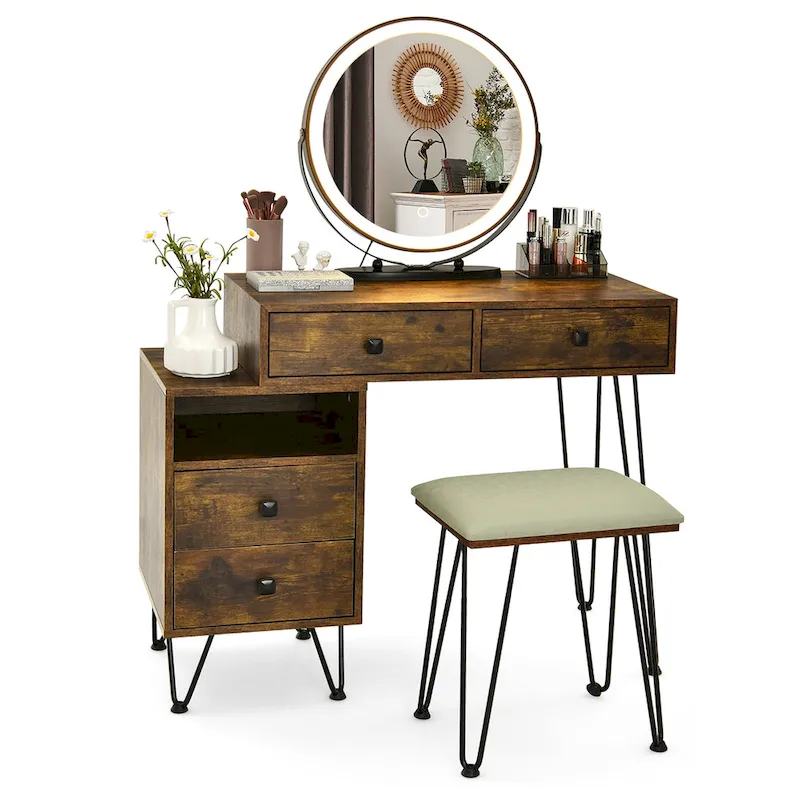 Brown / Black / White Vanity Table Set with LED Mirror & Cushioned Stool, 1-Person