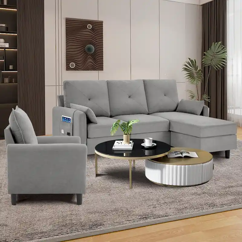 3-Pieces Sectional Sofa Set with Ottoman and Chair