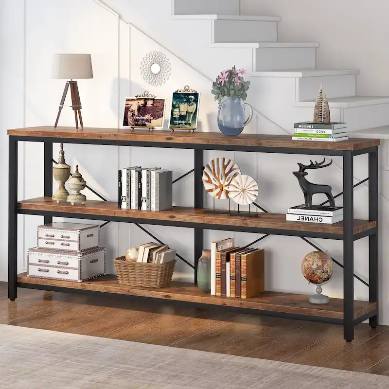 70.8 Extra Long Narrow Console Table Sofa Table Entryway Table with 3 Tiers Storage Shelves