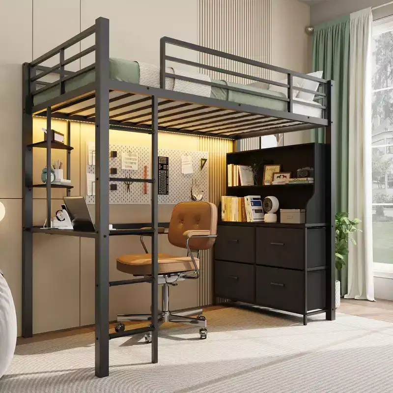 Twin Size Loft Bed with Desk, 4 Large Fabric Drawers and Open Shelves, Heavy Duty Metal Loft Bed with LED Lights, Power Outlets, No Box Spring Needed