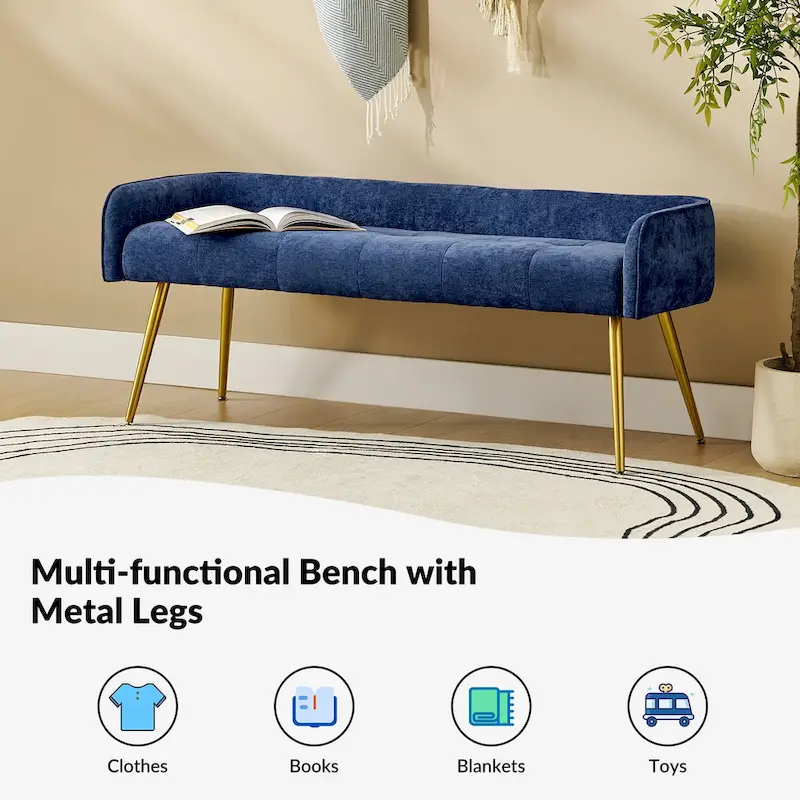 Luis Modern Upholstered Low Back Bench with Sturdy Golden Metal Tapered Leg by HULALA HOME