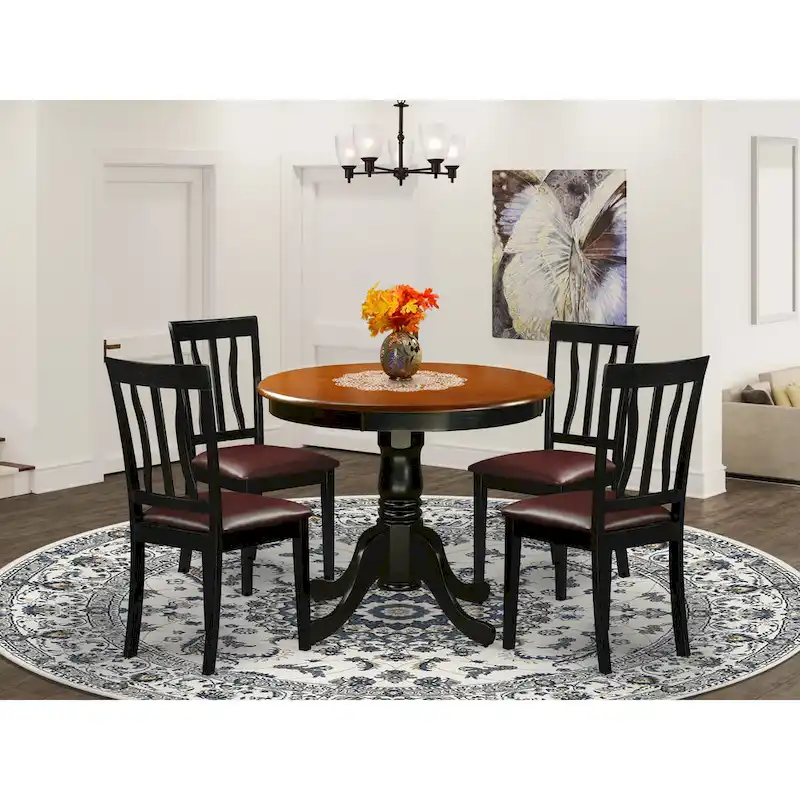 East West Furniture 5 Piece Dining Table Set- A Round Kitchen Table and 4 Dining Chairs, Black & Cherry (Seat Options)