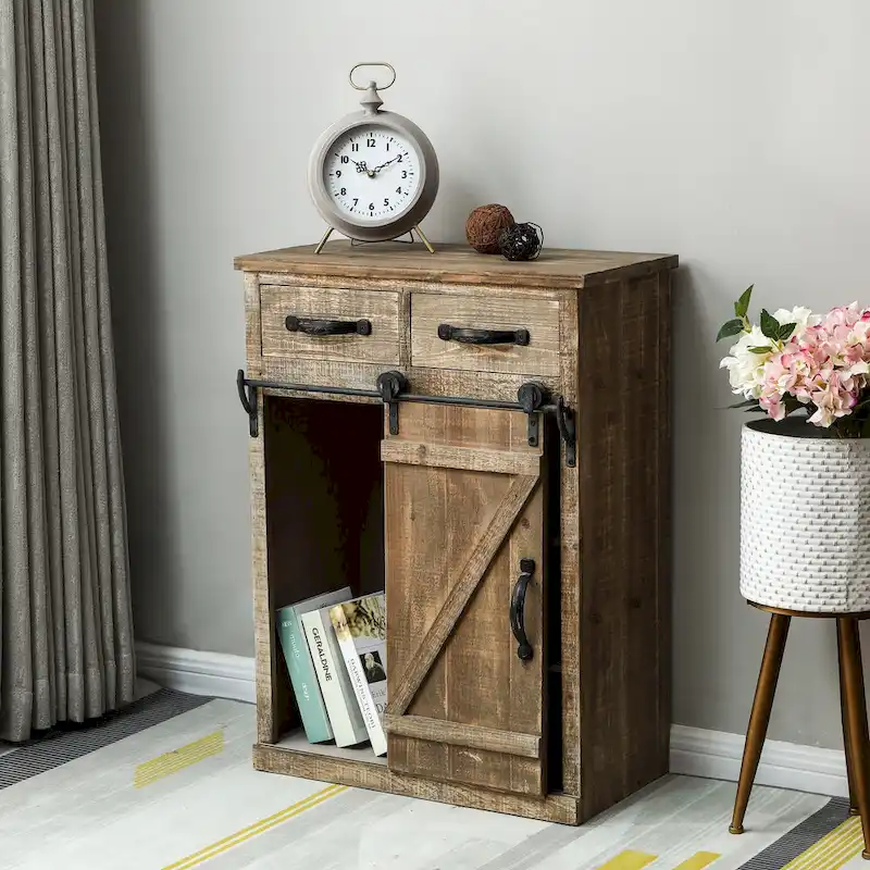Brown Rustic Sliding Barn Door Storage Cabinet - 31.8 H x 24 W x 12 D