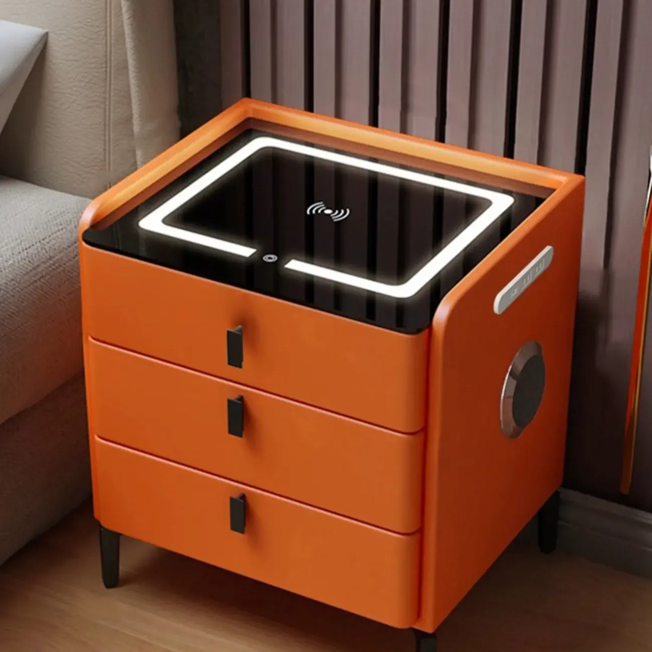Narrow 3-Drawers Glass Top Wooden Nightstand with Light