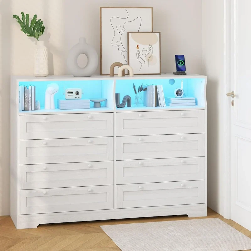 Modern Wood Dresser with 8 Drawers, Bedroom Dresser with Charging Station & LED Lights