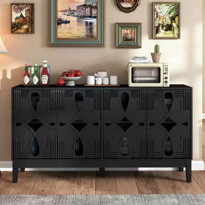 60.5 Black Geometric Sideboard Buffet Cabinet, Modern Fretwork 4-Door TV Media Console with Adjustable Shelves for Living Room