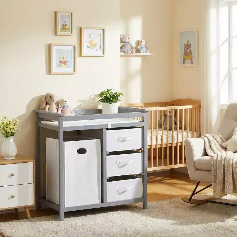 GustoWave Wooden Baby Changing Table,Modern Diaper Changing Table,Infant Diaper Station Dresser with Laundry Hamper, 3 Drawer Basket
