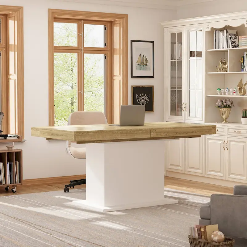 Extendable Dining Room Table Wood Finish Top Computer(Black/White)