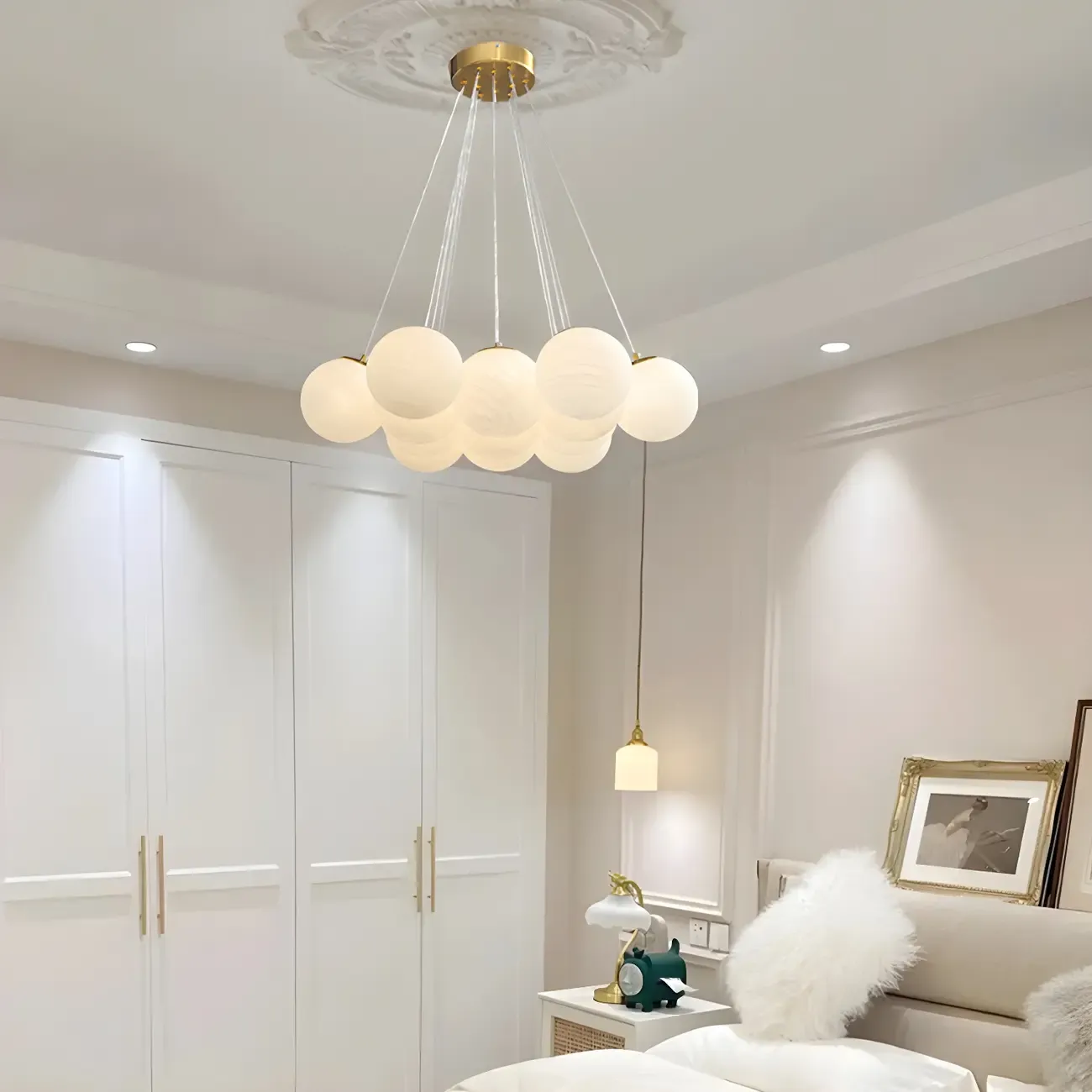 Adjustable White Glass Cluster Sphere Chandelier Modern Elegant