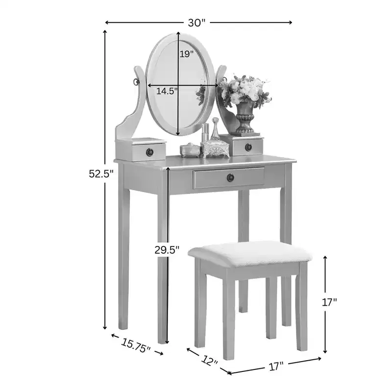 Moniya White Wood Vanity Table and Stool Set, White