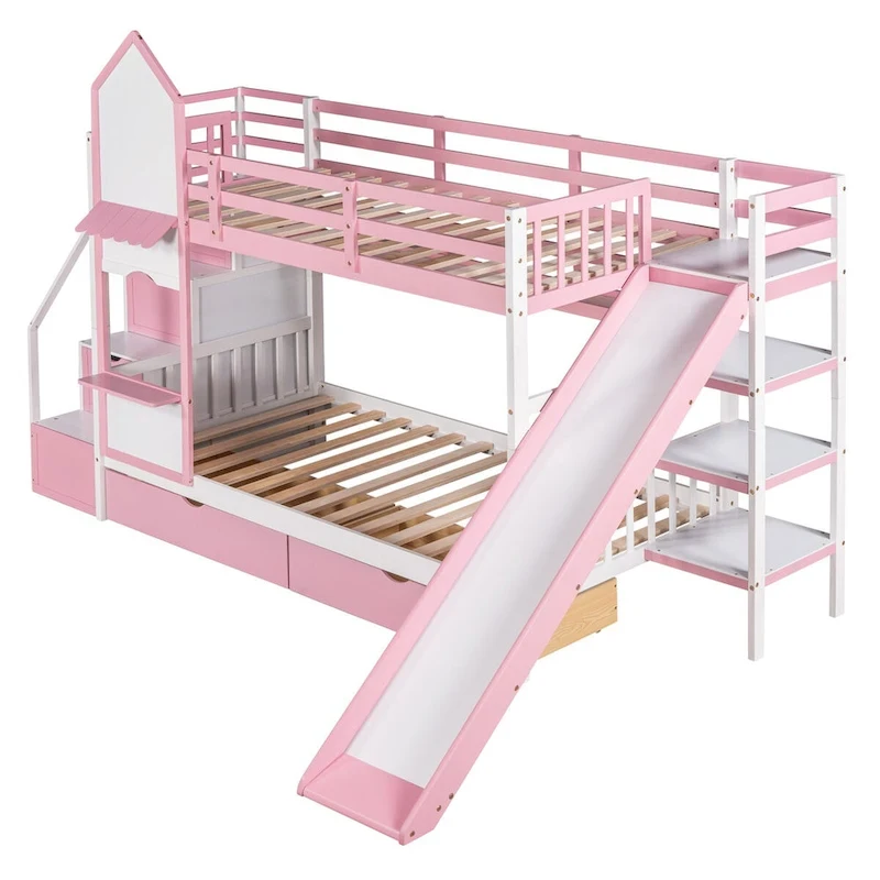 Twin-Over-Twin Castle Style Bunk Bed with Drawers,Shelves,Slide