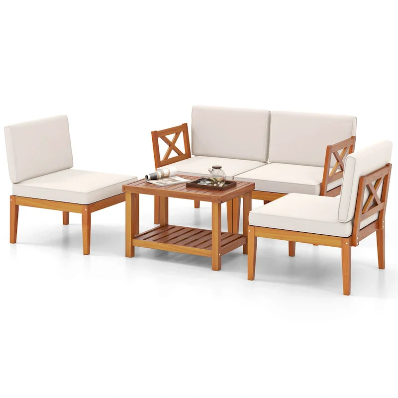 Costway 5 PCS Acacia Wood Patio Furniture Set with Cushions and 2-Tier - See Details