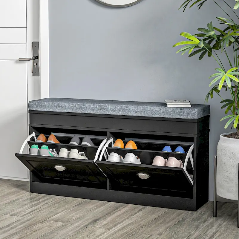 Shoe Rack Bench with Cushion, 2 Drawers and Adjustable Shelf