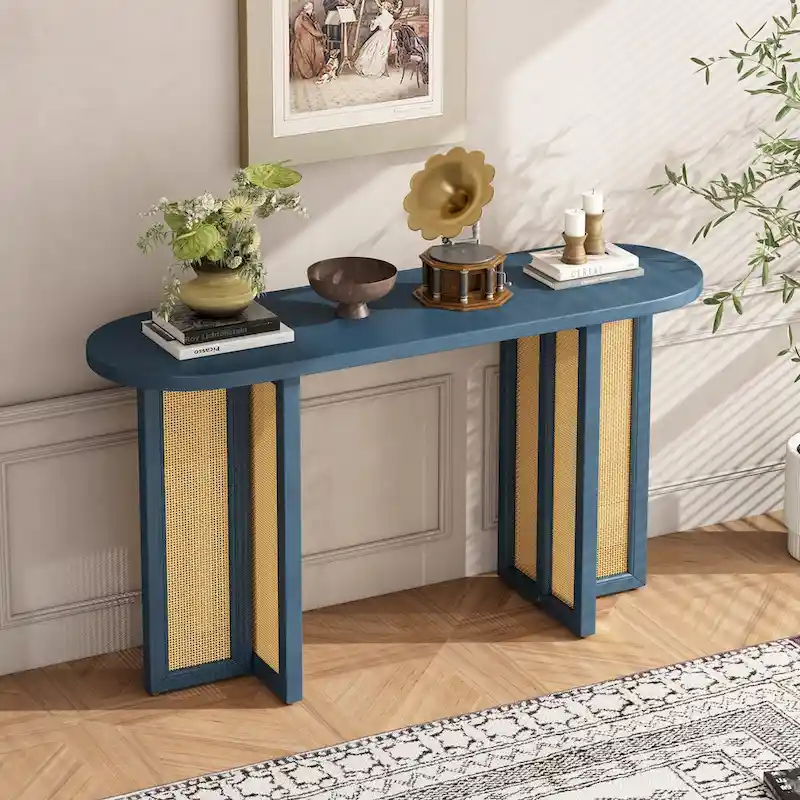 Farmhouse Rattan Console Table Entryway Table,Navy