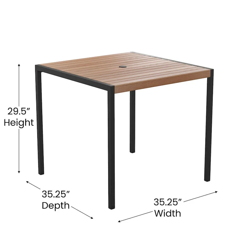 Black Steel Framed 35 Square Faux Teak Patio Table-Tan 9FT Patio Umbrella-Base