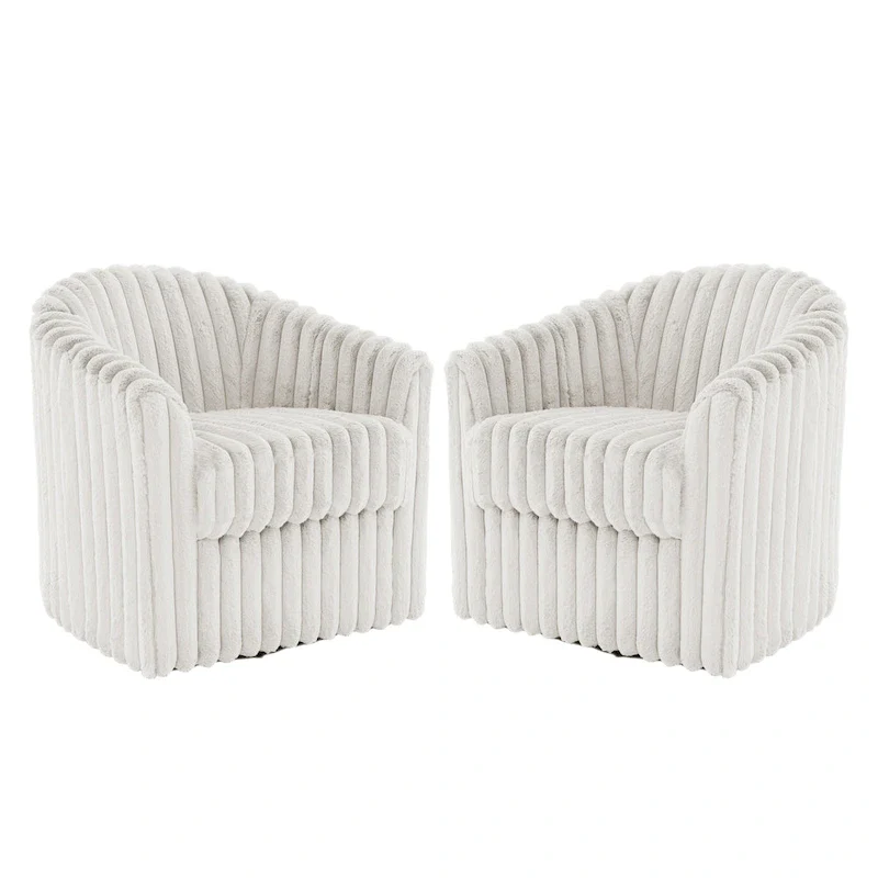 Faux Rabbit Fur Accent Chair 360-degree Swivel Barrel Chairs Set of 2