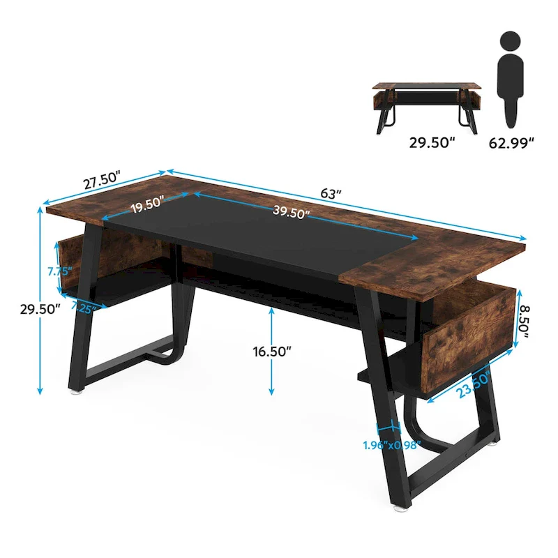 63 Inches Computer Desk with Bottom Shelves, Large Executive Desk