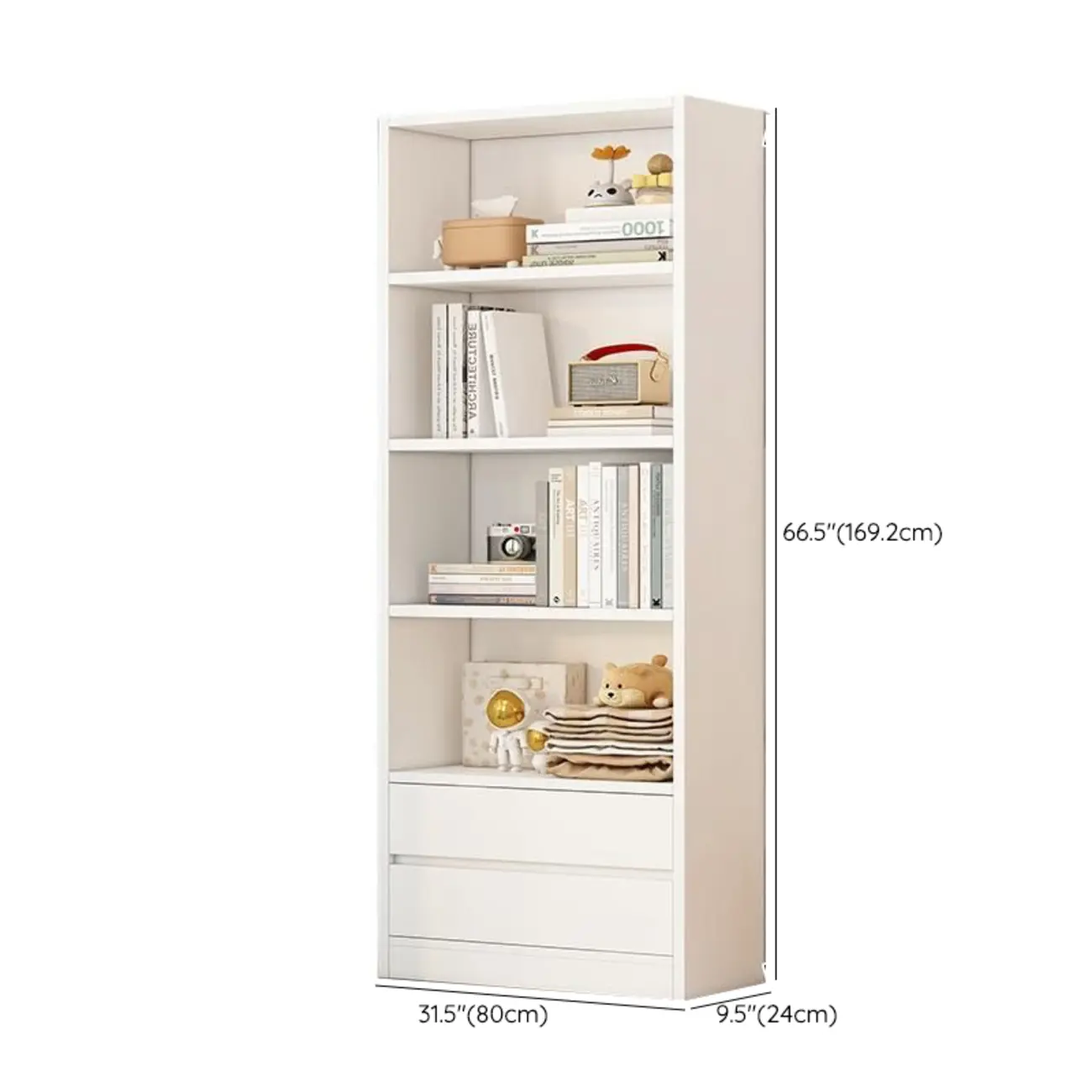 Simple Wooden White 3-Tier Bookcase with Drawers