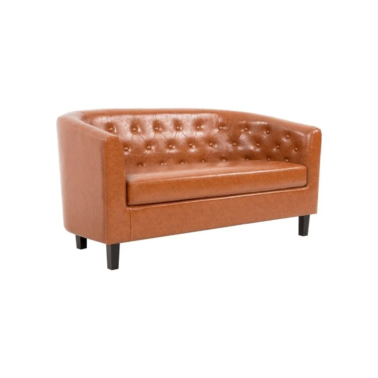 Midcentury Modern Button Tufted Faux Leather Barrel Loveseat - Comfy Tub Loveseat Sofa