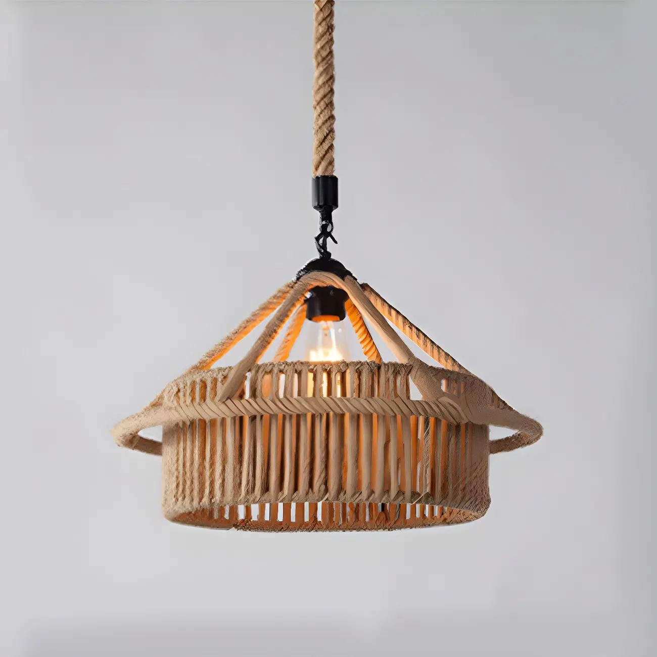 Industrial Rattan Black Metal Hemp Rope Pendant Light