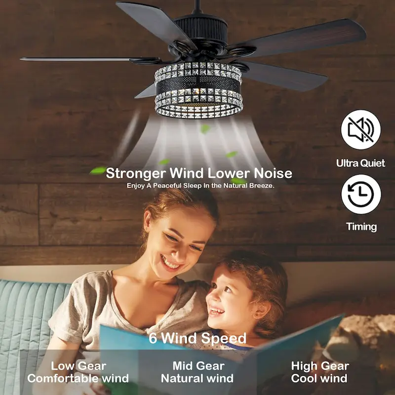 Oaks Aura Geneva 52in. Modern Classic Reversible Glam Crystal Ceiling Fan with Lights, 6-Speed Fan Lights with Remote - 52