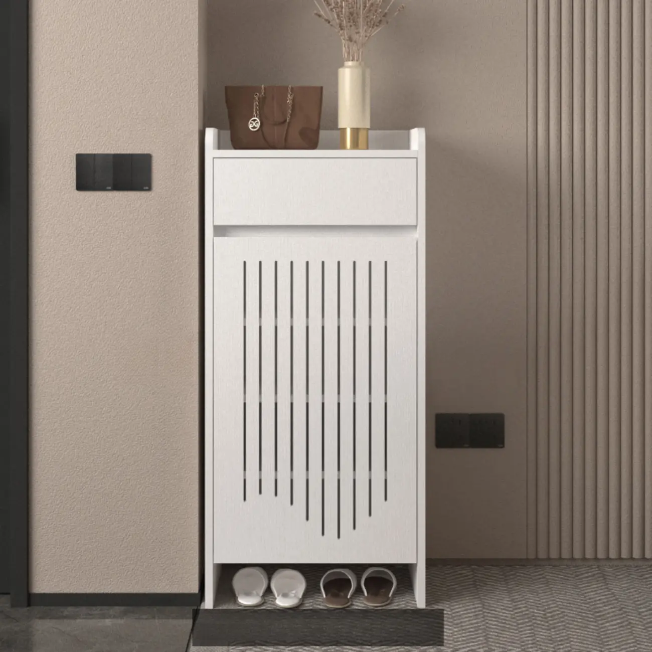 Modern Slim Wood Beige Entryway Shoe Cabinet