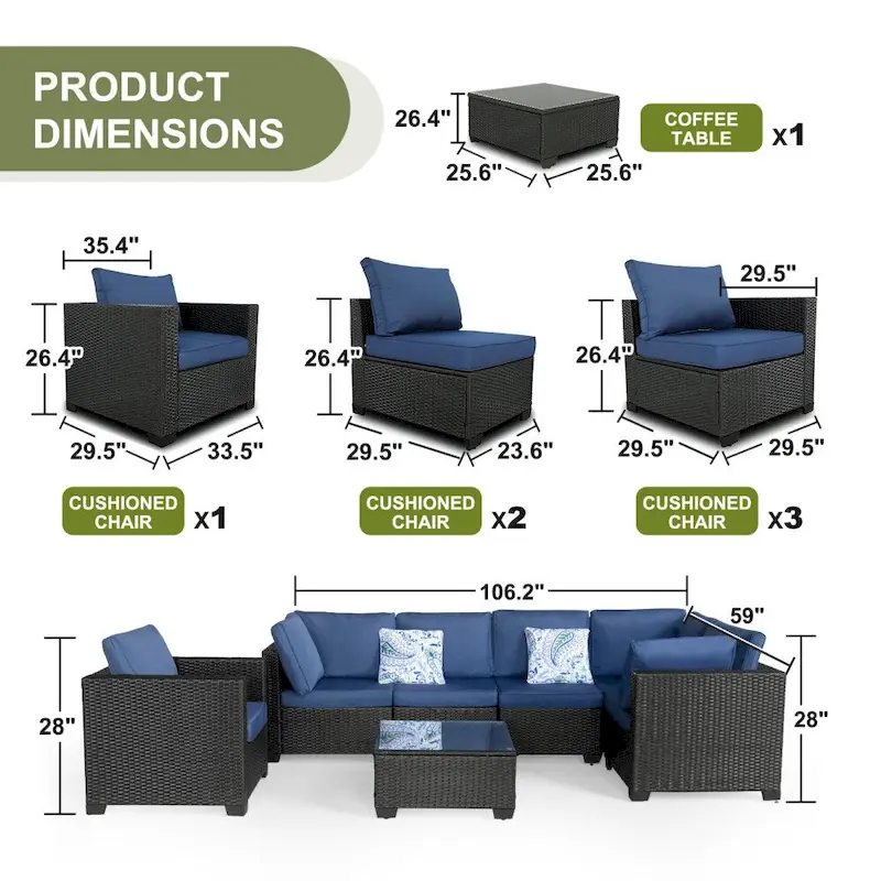 7 Pieces Patio Furniture Sets with Blue Cushions and Coffee Table
