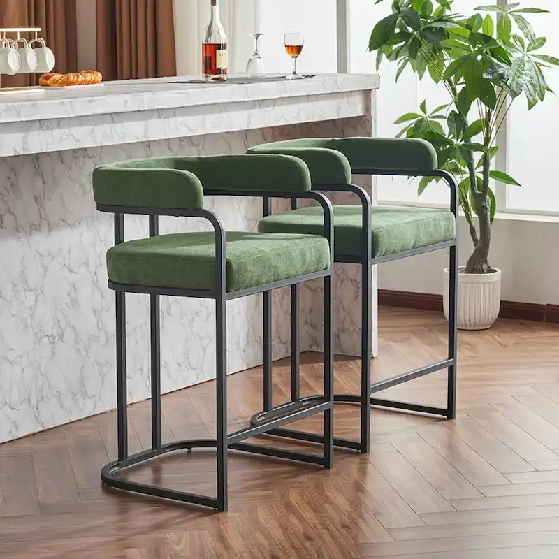 Fabric Upholstered Bar Stools Set of 2, Counter Height Bar Stools with Barrel Back, Dining Chair with Metal Frame and Arms