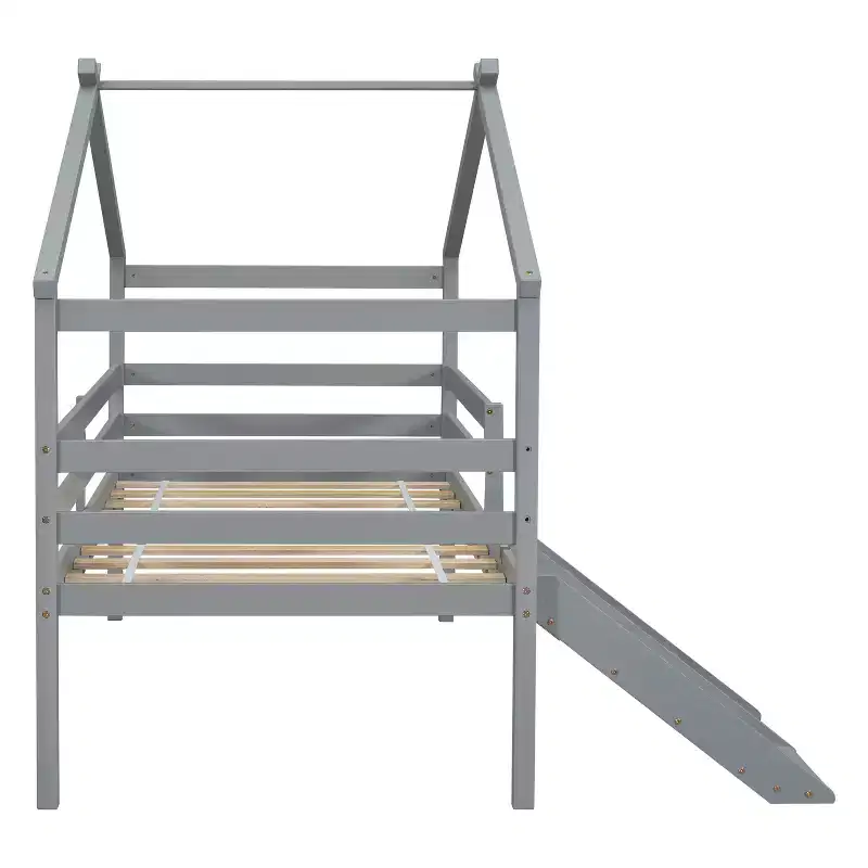 Whisen 81.7L x 67.6W Twin Low Loft House Bed with Slide, Ladder, Safety Guardrails, House Roof Frame